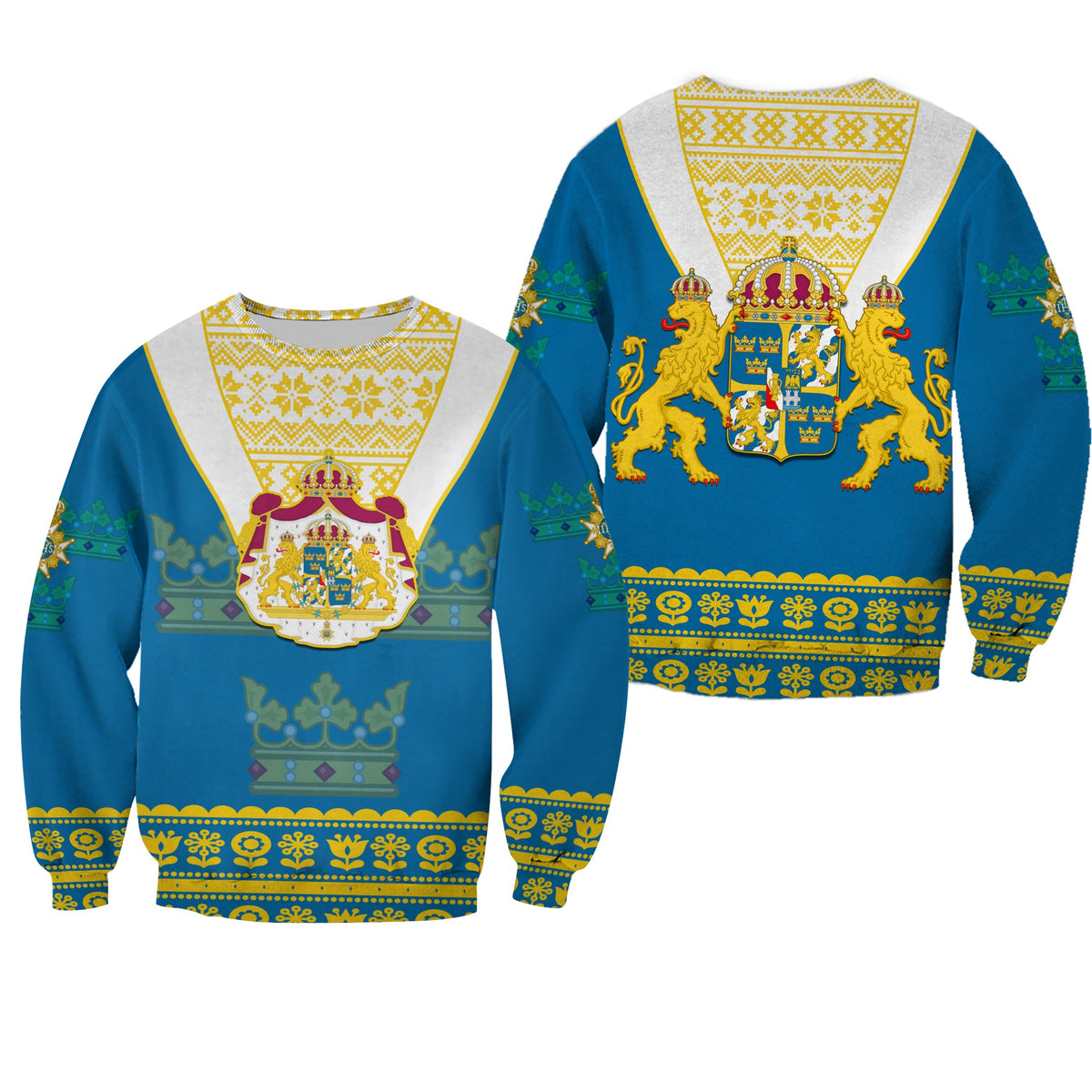 Blue sweatshirt with Swedish coat of arms and Scandinavian flower patterns, front and back