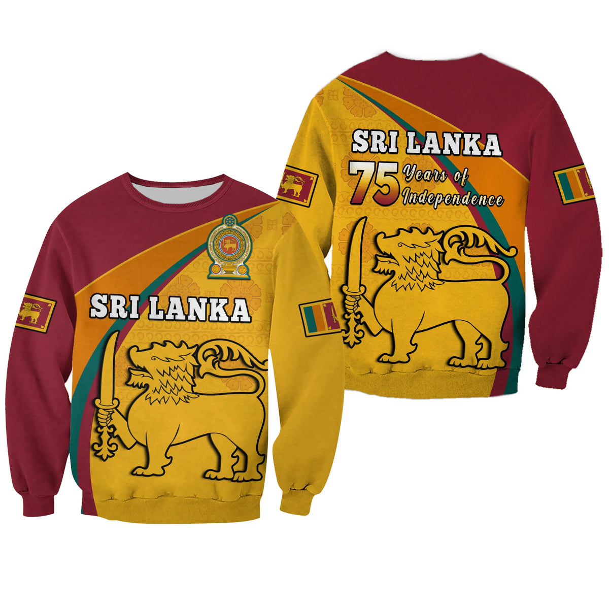 Unisex red crewneck sweatshirt with yellow Sri Lanka 75th Independence graphic and lion emblem