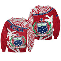Red sweatshirt with white patterns, Samoa crest shield graphic, long sleeves, unisex