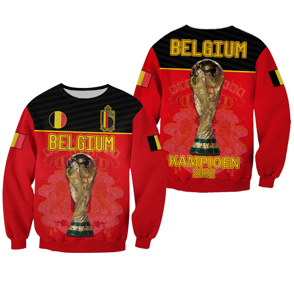 Red Belgium sweatshirt with trophy graphic and 'BELGIUM' text, long sleeves