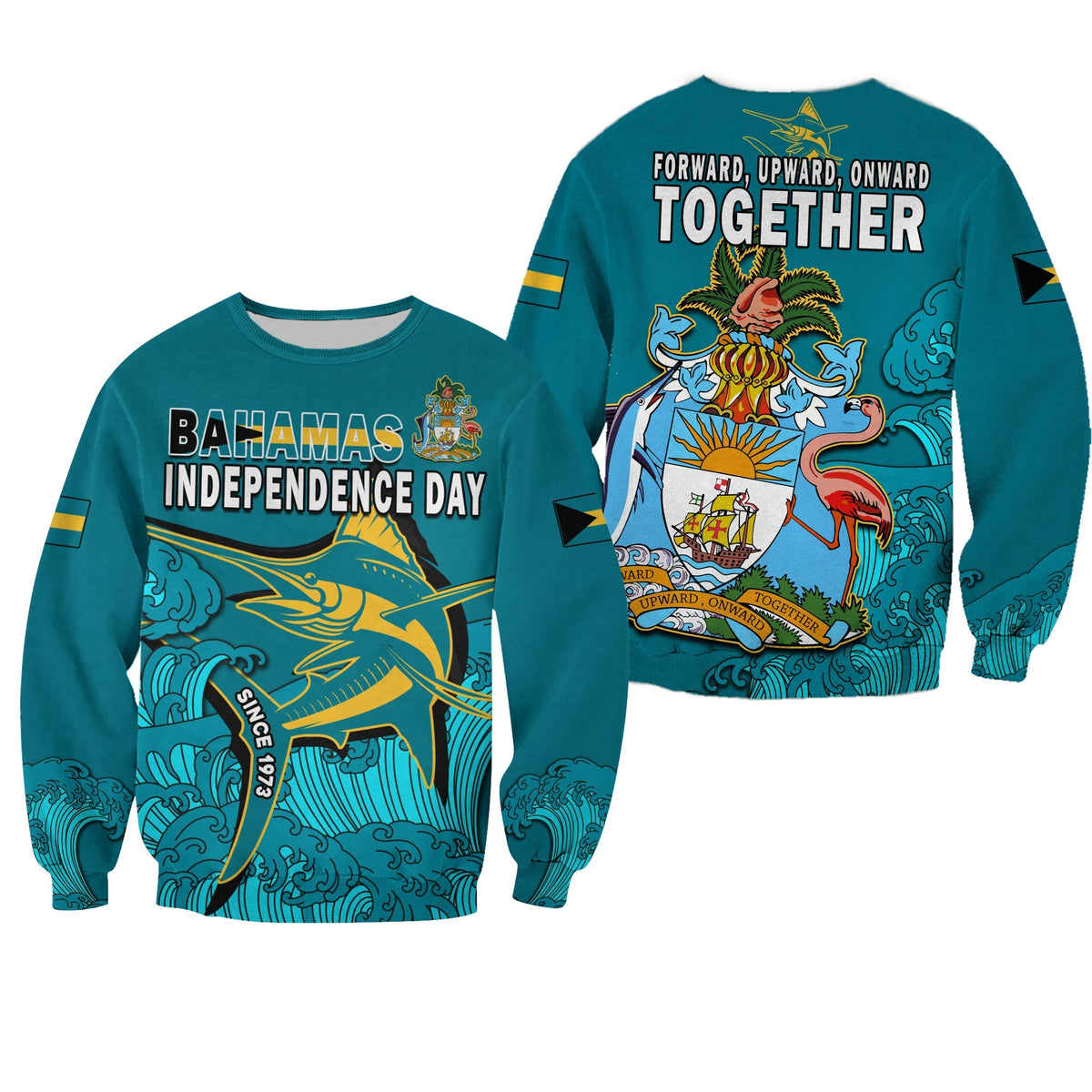 Blue crewneck sweatshirt, Bahamas Independence Day graphic with marlin