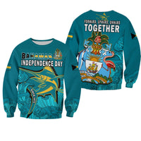 Blue crewneck sweatshirt, Bahamas Independence Day graphic with marlin