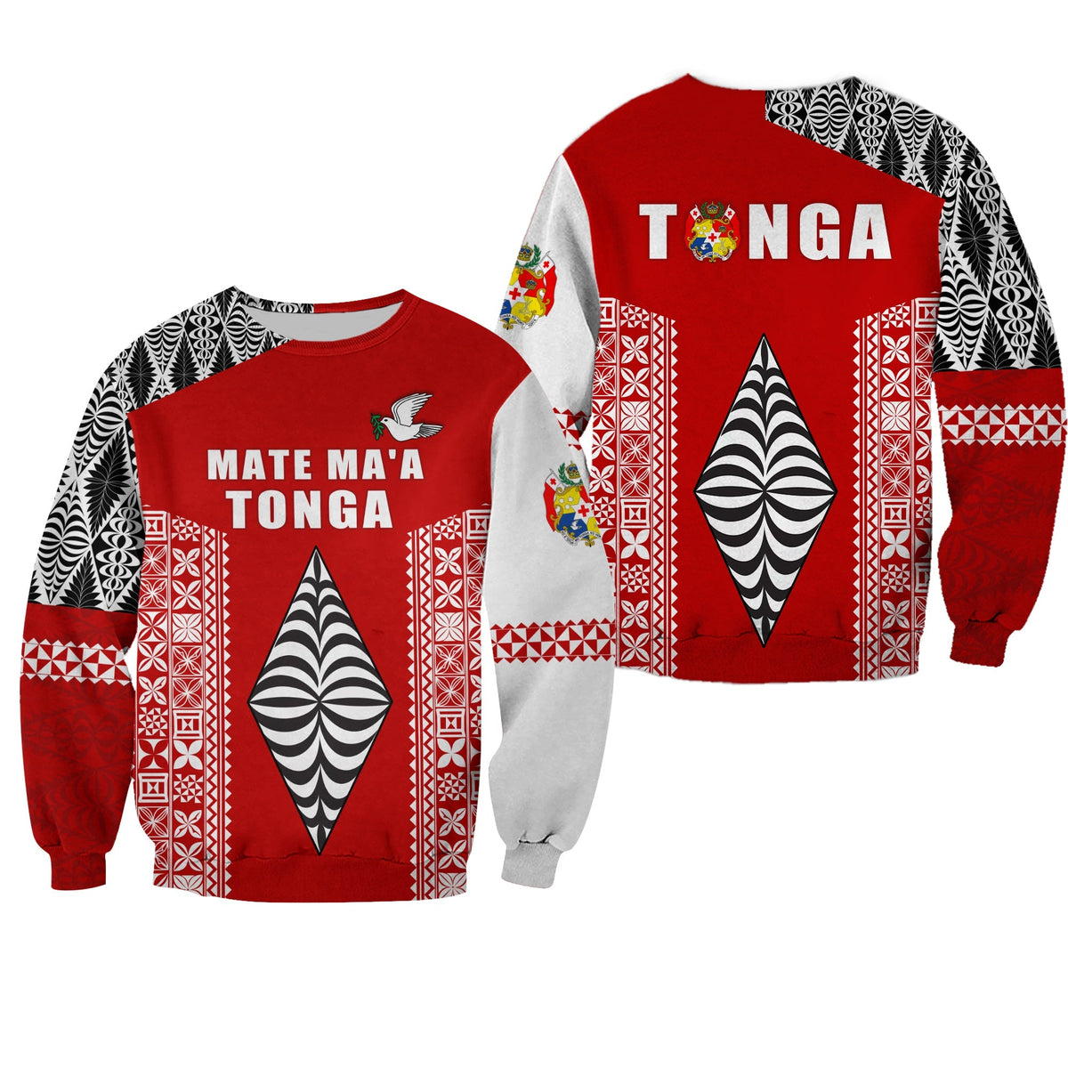 Red Tonga rugby sweatshirt with black and white patterns, 'MATE MA'A TONGA' print