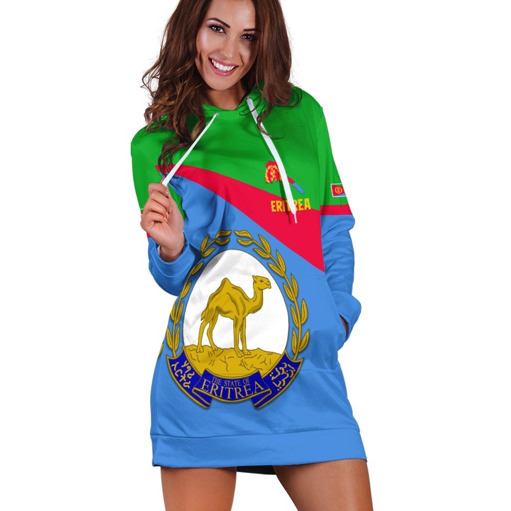 Eritrea flag hoodie dress front view, blue base with green-red diagonal stripes and hood