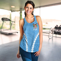 Blue Fiji racerback tank top on model, sleeveless with front crest and geometric borders