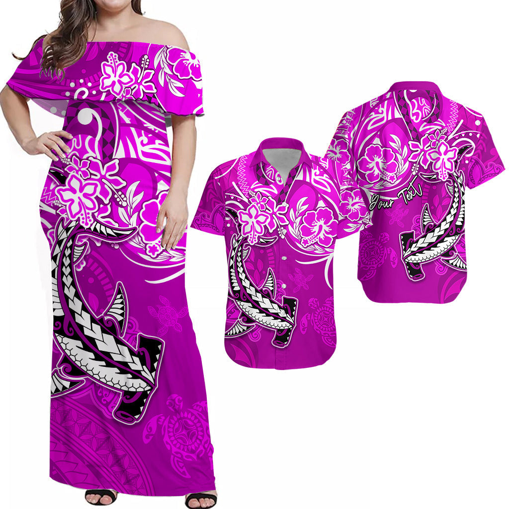 Pink off-shoulder maxi dress with large shark and honu graphic, tropical floral print