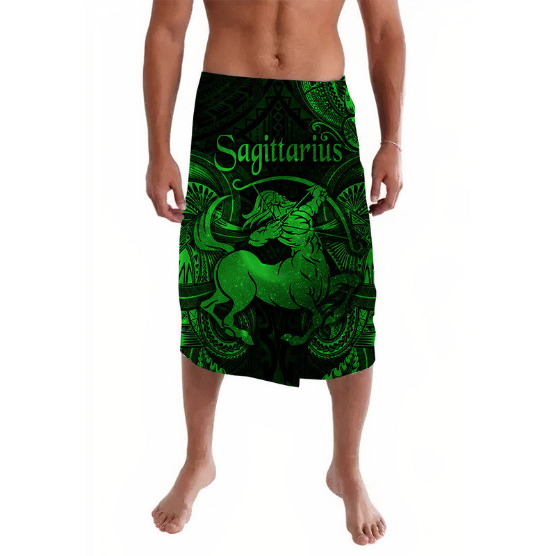 Green Sagittarius zodiac Polynesian lavalava wrap skirt, ornate tribal pattern