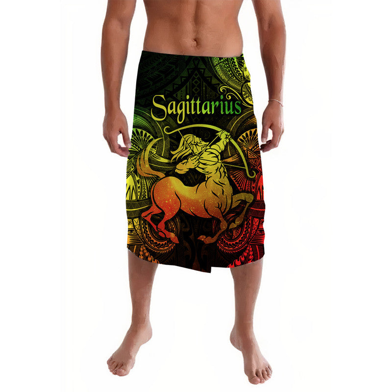 Men's lavalava sarong with Sagittarius zodiac print, black base and red green accents