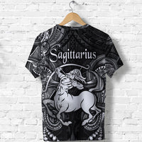 Black T-shirt back view with Sagittarius text, tribal fan patterns and archer figure