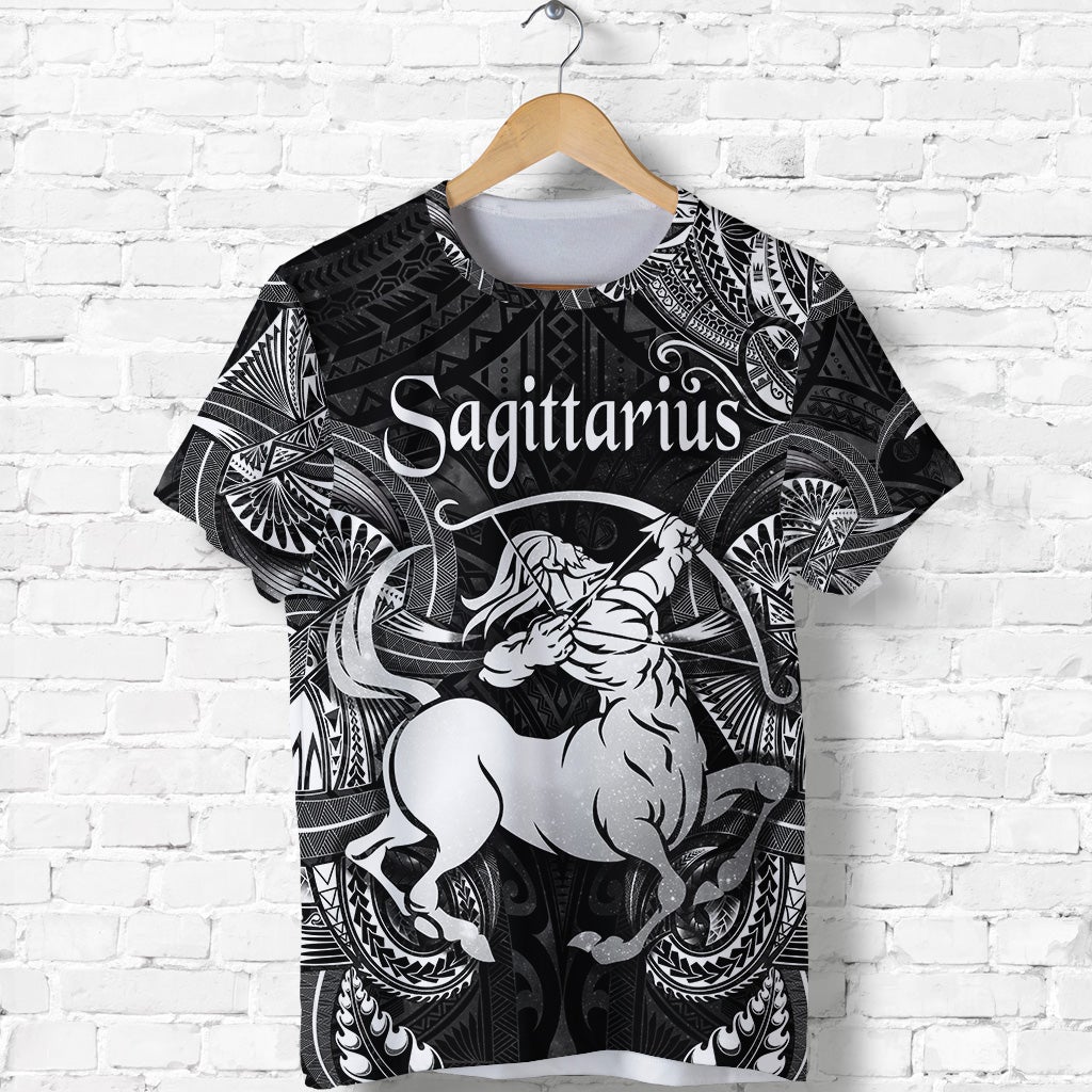 Black T-shirt with Sagittarius text, Polynesian-style patterns and archer horse graphic