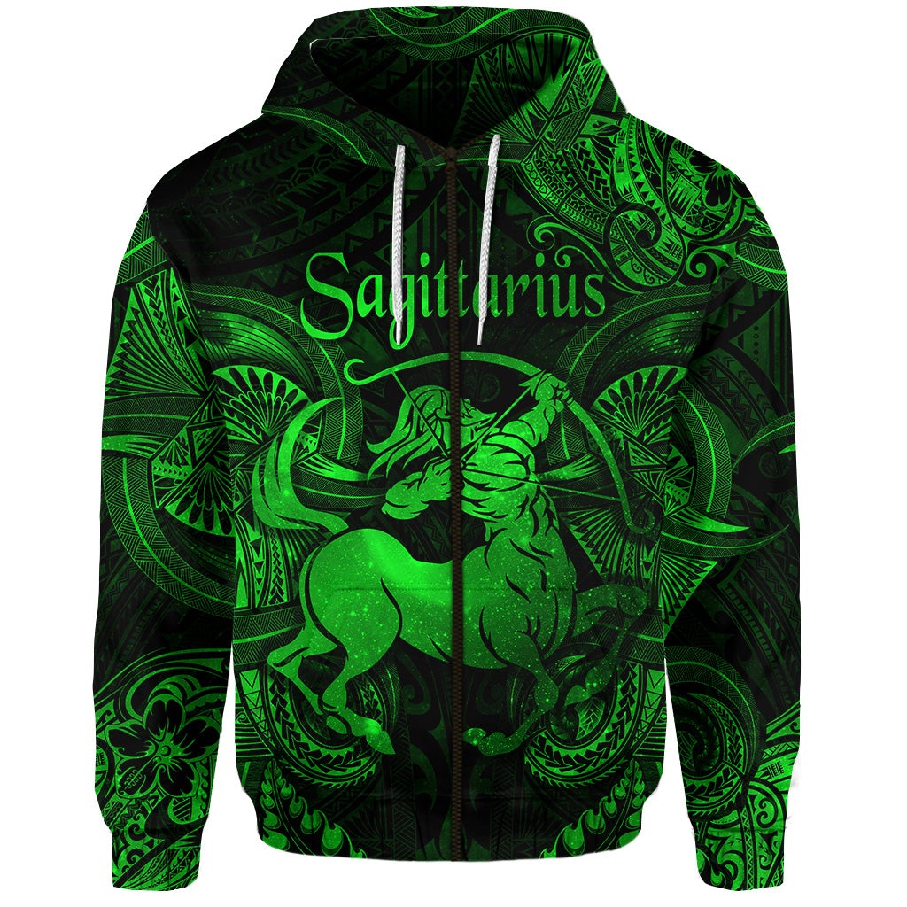 Custom Sagittarius Zodiac Polynesian Zip Hoodie Unique Style Green LT8 - Wonder Print Shop