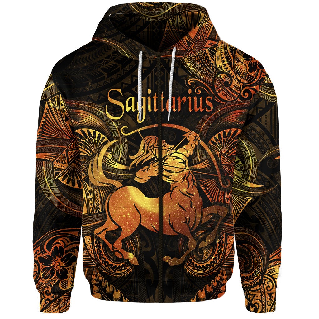 Custom Sagittarius Zodiac Polynesian Zip Hoodie Unique Style Gold LT8 - Wonder Print Shop