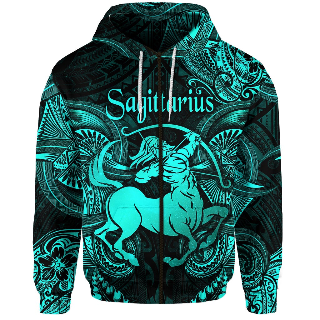 Custom Sagittarius Zodiac Polynesian Zip Hoodie Unique Style Turquoise LT8 - Wonder Print Shop