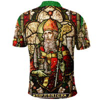 Green collar polo shirt with back-facing saint illustration and decorative border