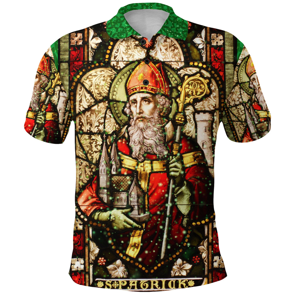 Green polo shirt with Saint Patrick artwork, short sleeves and button placket