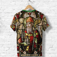 Full front view of green crewneck T-shirt with St. Patrick illustration