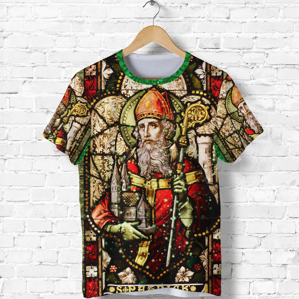 Green crewneck T-shirt with St. Patrick portrait graphic, ornate red and gold print