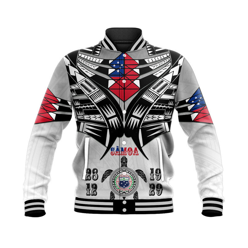 Unisex baseball jacket with black/red front graphic, blue accents, ribbed collar
