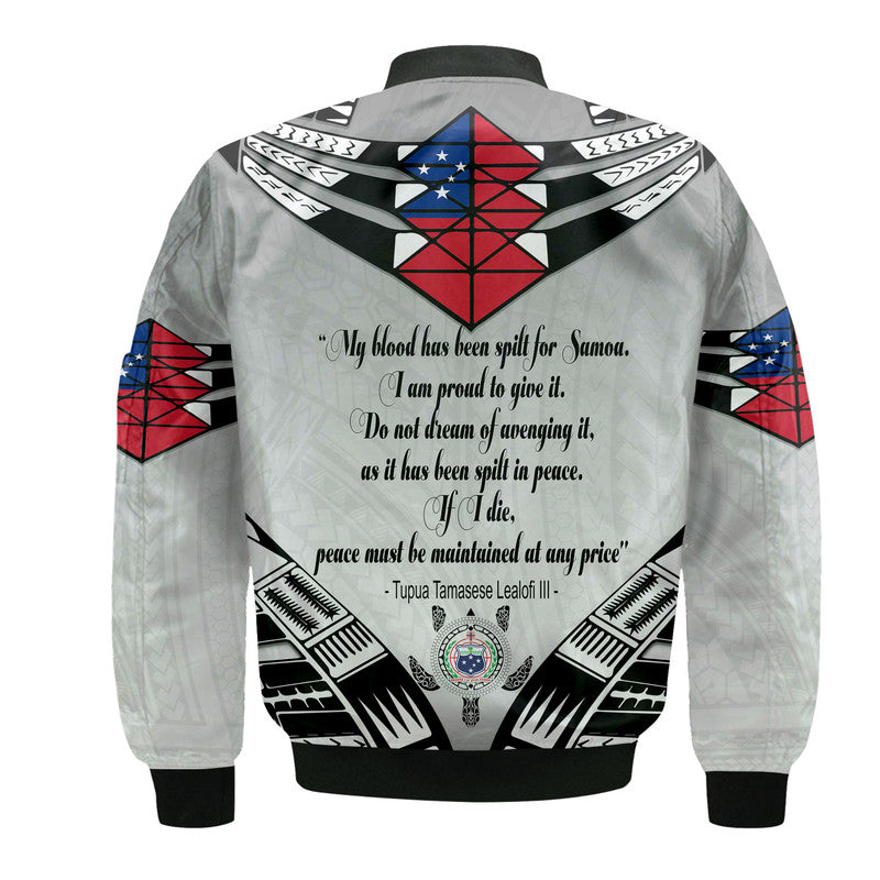 Back of white unisex bomber jacket with black trim, red-blue emblem, and printed quote text