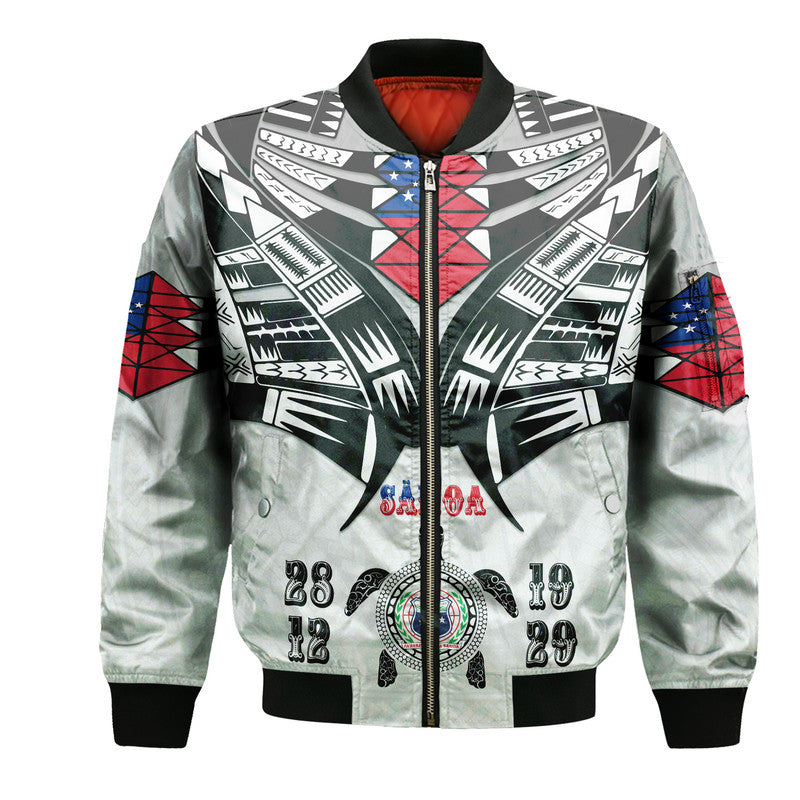 White unisex bomber jacket with black ribbed collar/cuffs and red-blue geometric front graphic