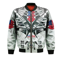 White unisex bomber jacket with black ribbed collar/cuffs and red-blue geometric front graphic