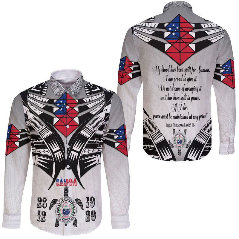 White long-sleeve button shirt with black, red, and blue tribal-style graphic art