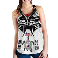 Front view white racerback tank with black burst design, red band, and large 28/Dec 1929 print