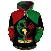 Multicolor pullover hoodie with Sankofa bird globe graphic on front, adjustable hood.