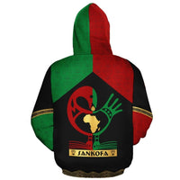 Multicolor pullover hoodie, Sankofa bird globe print on back, hood and front pouch.