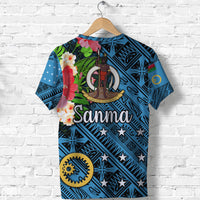 Blue Sanma T-shirt with 'Sanma' print, floral accents, and emblem, back view