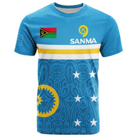 Blue Sanma province flag style T-shirt, front graphic with text and emblem