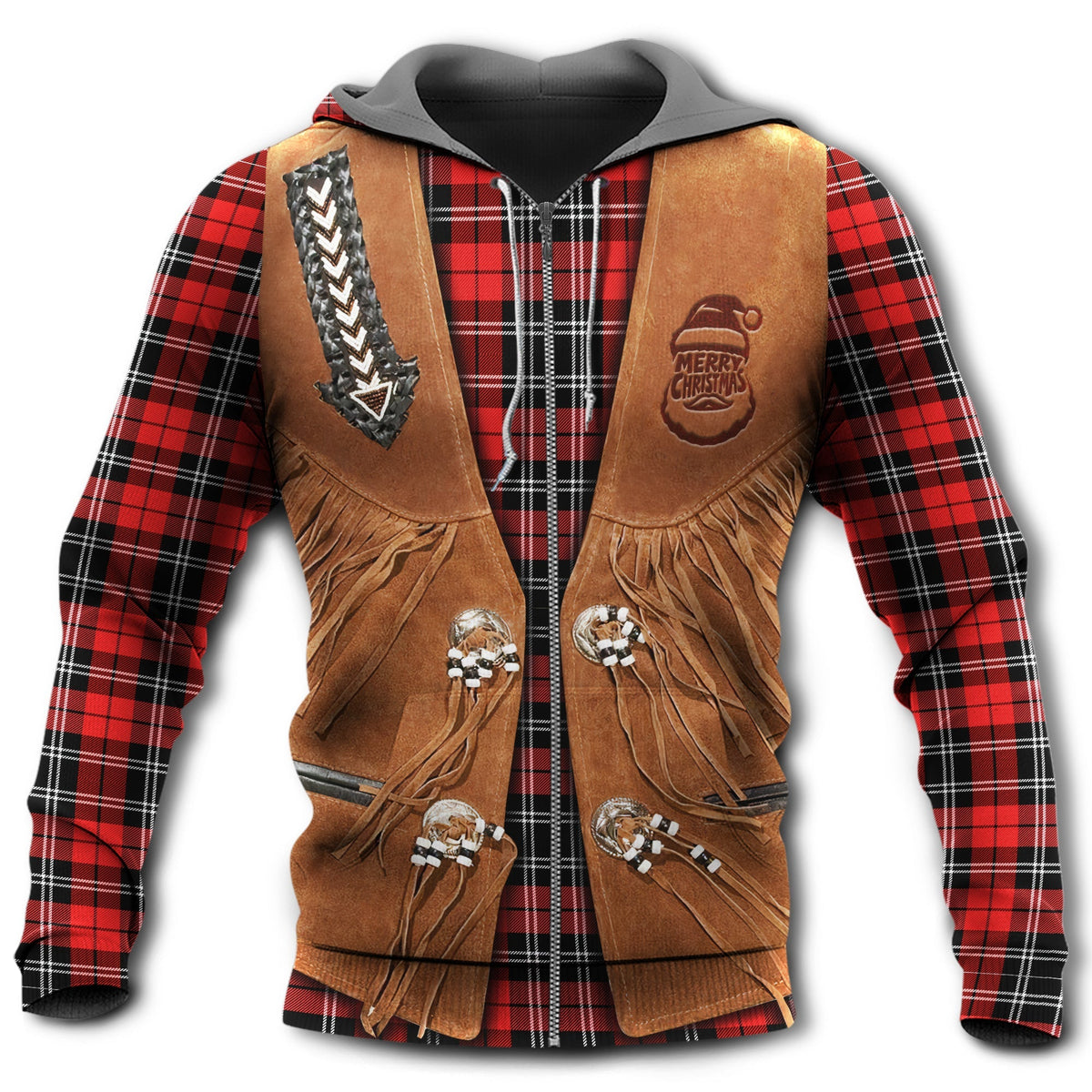 Cowboy Christmas hoodie with brown suede-style panels, red plaid sleeves, Santa graphic