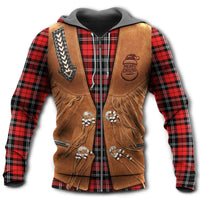 Cowboy Christmas hoodie with brown suede-style panels, red plaid sleeves, Santa graphic