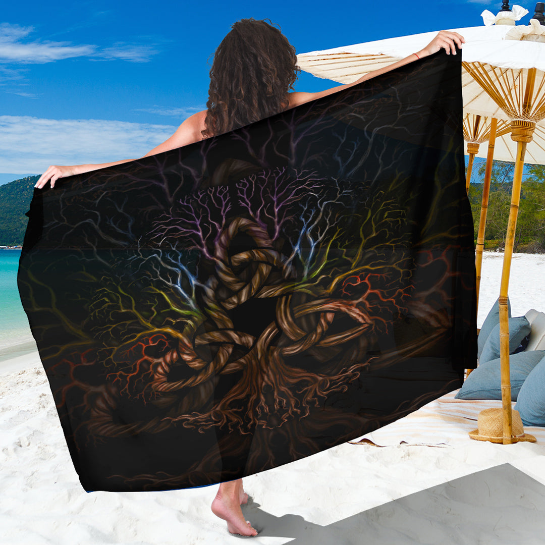 Black sarong with Tree of Life and triquetra knot print, draped front