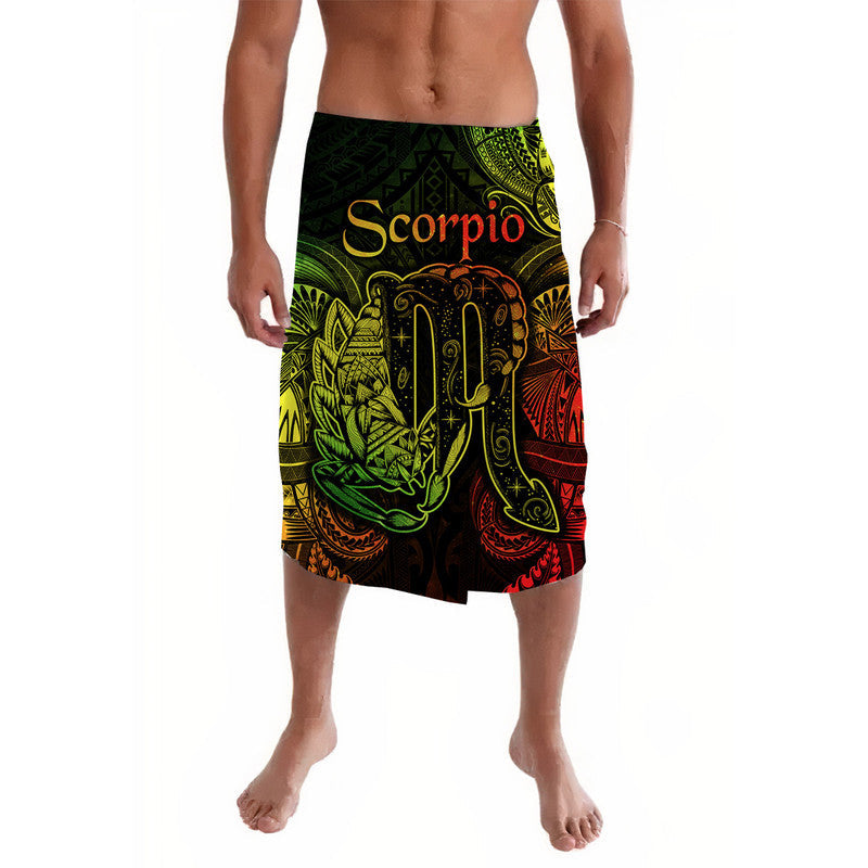 Scorpio lavalava skirt with Polynesian tribal print, green, yellow, red and black
