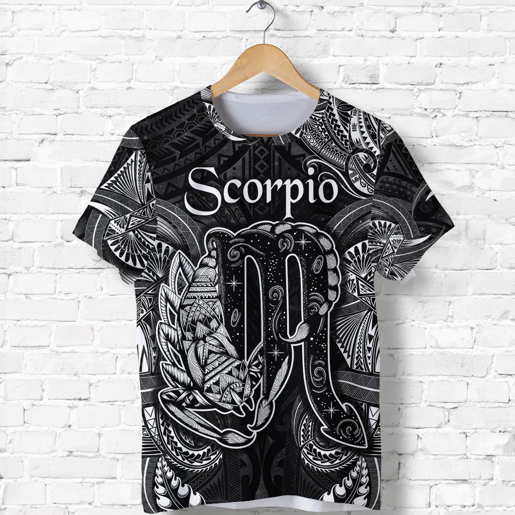 Black Scorpio T-shirt with Polynesian-style octopus graphic, short sleeves