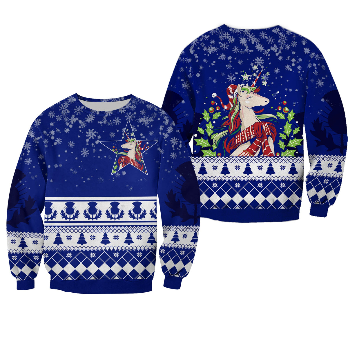 Blue unisex sweatshirt with unicorn, stars, snowflakes, and holiday knit pattern