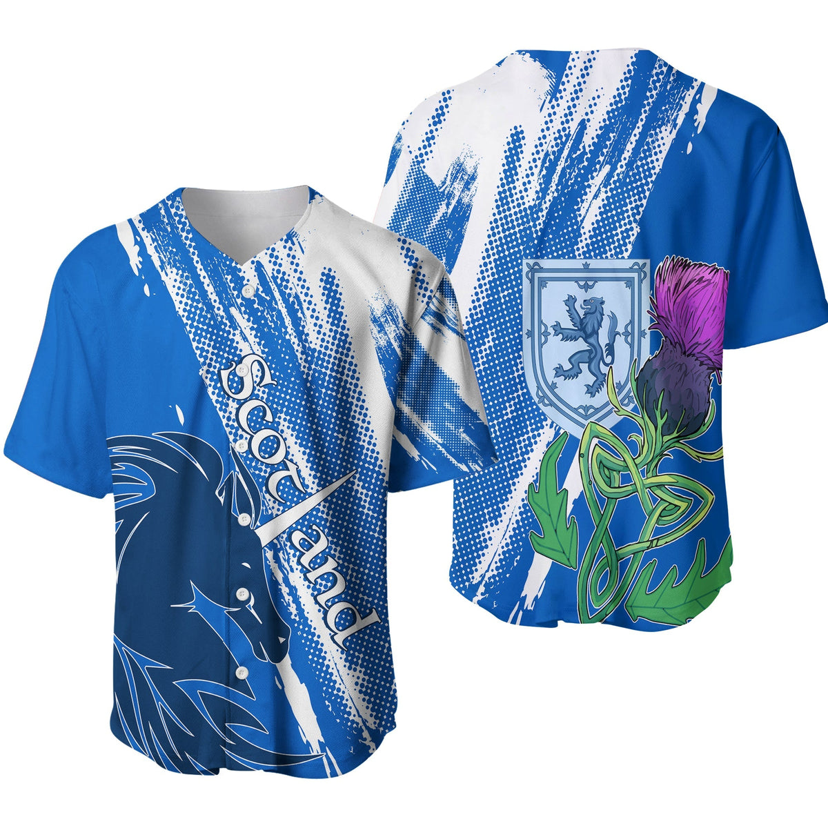 Azure baseball jersey with unicorn and thistle grunge print, front/back