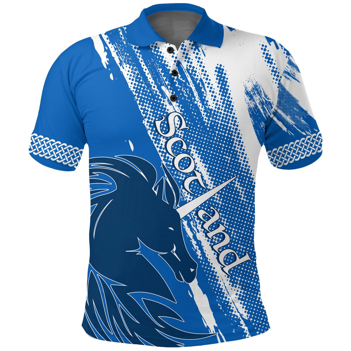 Blue polo shirt with unicorn and thistle grunge print, button placket