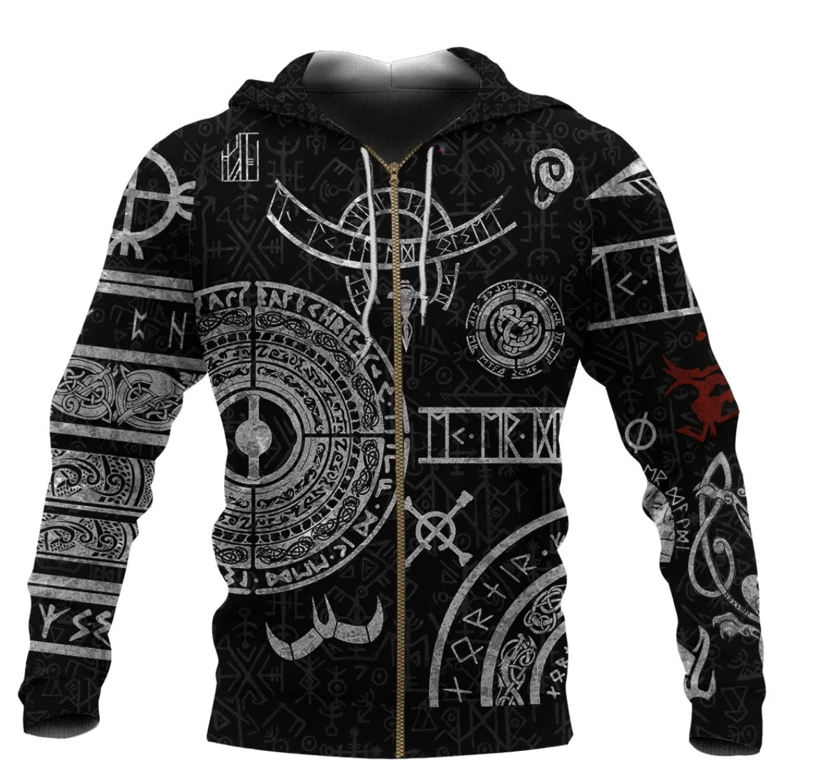 Black zip hoodie with Norse tattoo front graphic and gold zipper pull
