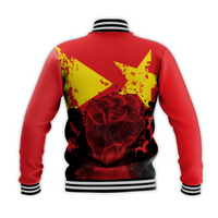 Unisex red baseball jacket back view with large star flag print, clenched fist artwork
