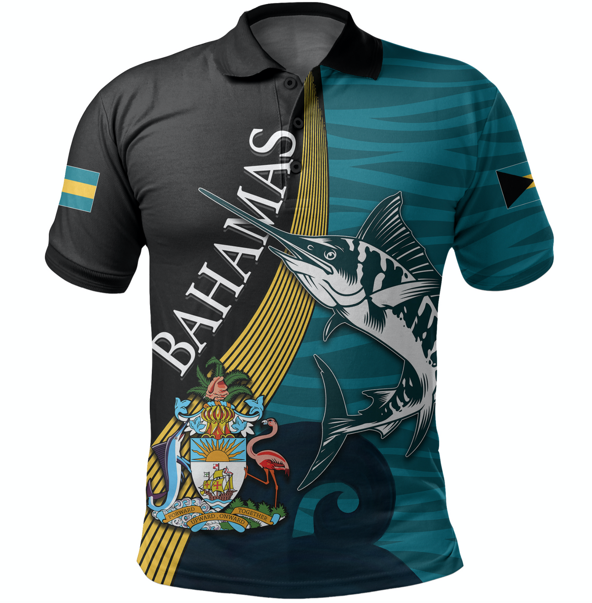 Schwarzes Polo mit Teal Streifen und Fisch-Emblem, Emancipation Day