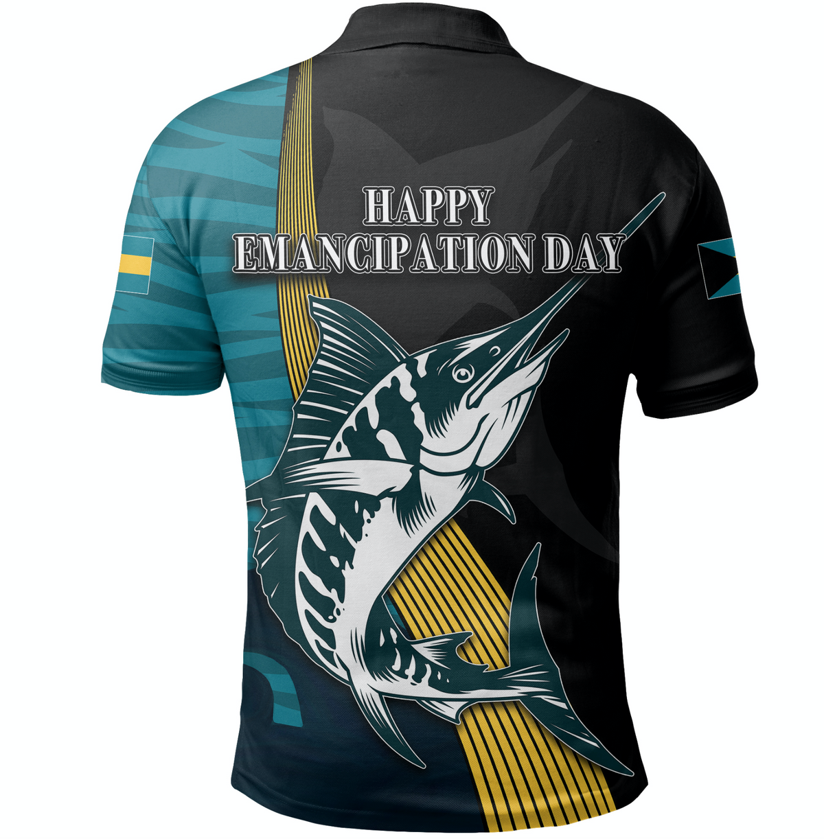 Rückseite Polo schwarz/teal mit Text „Happy Emancipation Day“ und Fischgrafik