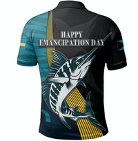Rückseite Polo schwarz/teal mit Text „Happy Emancipation Day“ und Fischgrafik