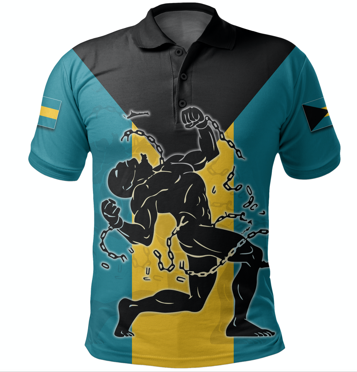 Bahamas Emancipation Day polo shirt with front graphic, black collar and button placket