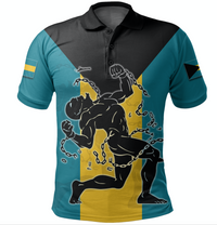 Bahamas Emancipation Day polo shirt with front graphic, black collar and button placket
