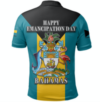 Bahamas Emancipation Day polo shirt back: HAPPY EMANCIPATION DAY BAHAMAS artwork