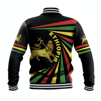 Ethiopia Lion Of Judah baseball jacket, back view with lion crest and radiating flag stripes