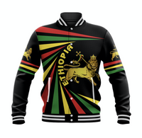 Ethiopia Lion Of Judah baseball jacket, black with multicolor lion and striped rays