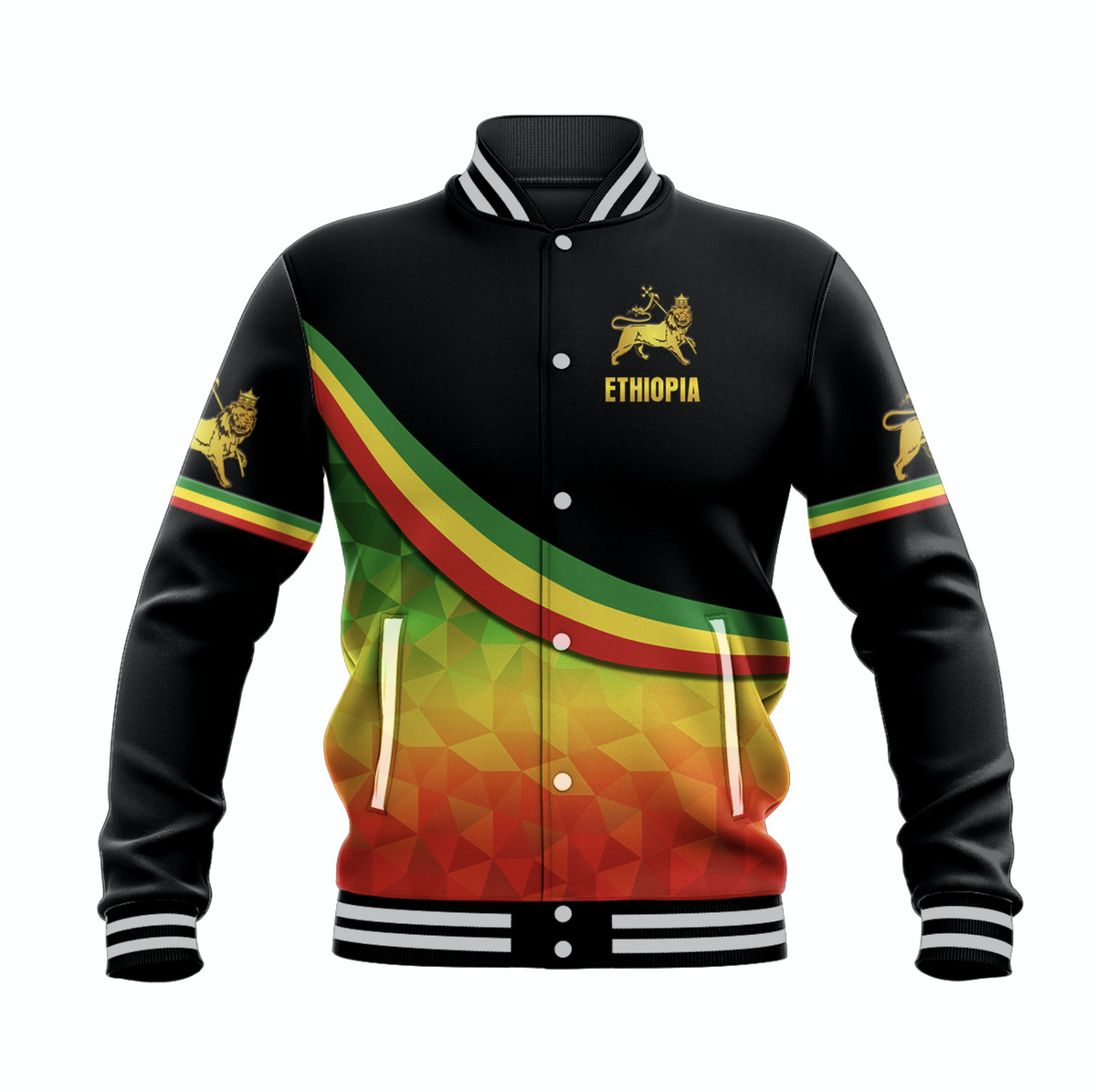 Unisex baseball jacket with Ethiopia lion crest, black with green-yellow-red diagonal stripe